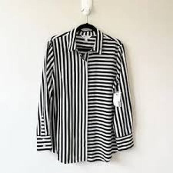 Nine West | Mixed Stripes Button Down Top Long Sleeve Black White | Size Medium - Picture 1 of 3